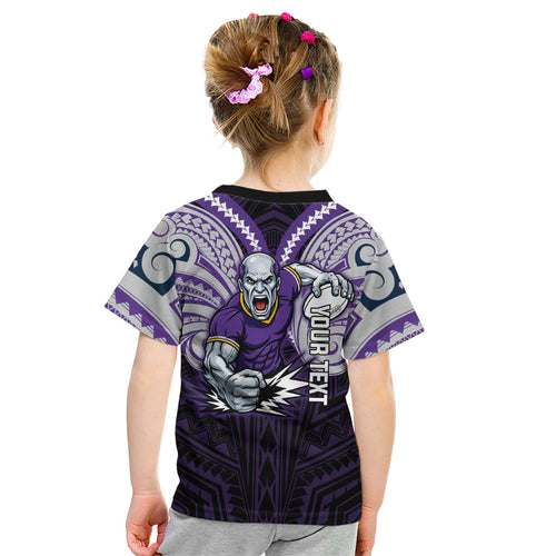 Custom Melbourne Storm Kid T Shirt Lightning Warrior Polynesia Islander Rugby Mascot