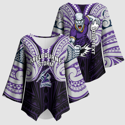 Custom Melbourne Storm Kimono Sleeve Blouse Lightning Warrior Polynesia Islander Rugby Mascot