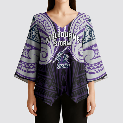 Custom Melbourne Storm Kimono Sleeve Blouse Lightning Warrior Polynesia Islander Rugby Mascot