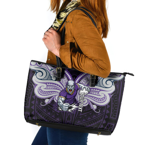 Custom Melbourne Storm Leather Tote Bag Lightning Warrior Polynesia Islander Rugby Mascot