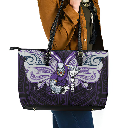Custom Melbourne Storm Leather Tote Bag Lightning Warrior Polynesia Islander Rugby Mascot