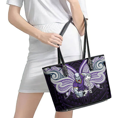 Custom Melbourne Storm Leather Tote Bag Lightning Warrior Polynesia Islander Rugby Mascot