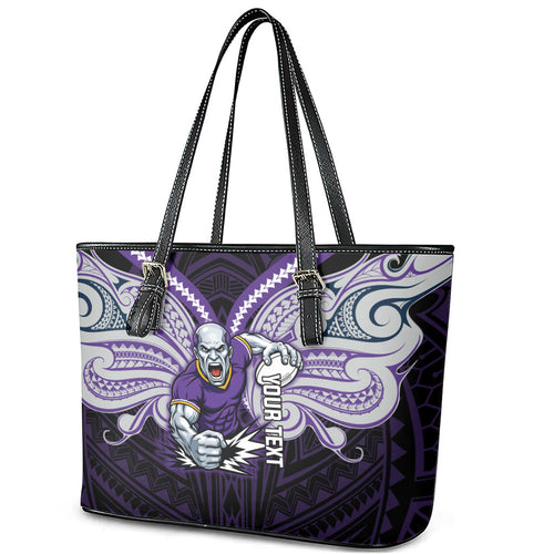 Custom Melbourne Storm Leather Tote Bag Lightning Warrior Polynesia Islander Rugby Mascot