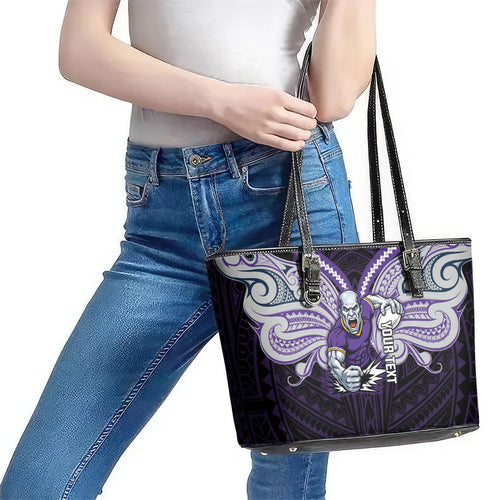 Custom Melbourne Storm Leather Tote Bag Lightning Warrior Polynesia Islander Rugby Mascot