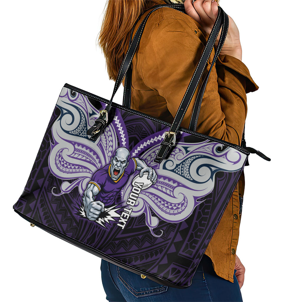 Custom Melbourne Storm Leather Tote Bag Lightning Warrior Polynesia Islander Rugby Mascot