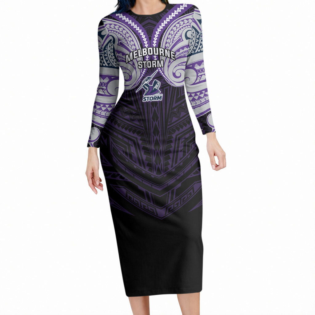 Custom Melbourne Storm Long Sleeve Bodycon Dress Lightning Warrior Polynesia Islander Rugby Mascot