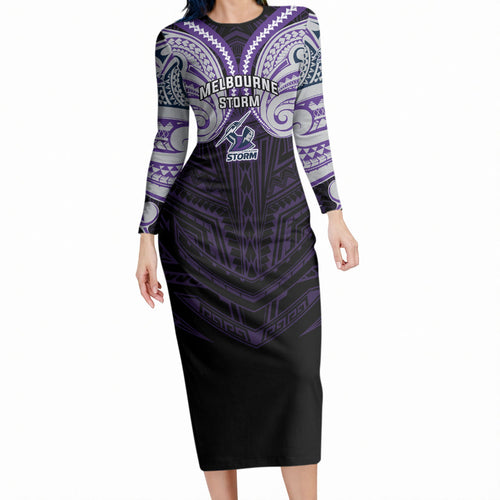 Custom Melbourne Storm Long Sleeve Bodycon Dress Lightning Warrior Polynesia Islander Rugby Mascot