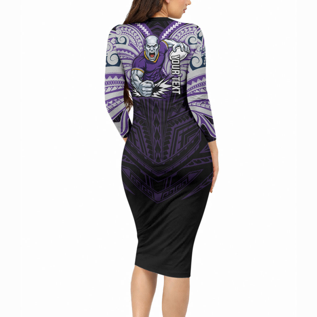 Custom Melbourne Storm Long Sleeve Bodycon Dress Lightning Warrior Polynesia Islander Rugby Mascot