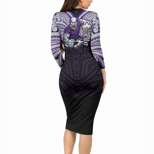 Custom Melbourne Storm Long Sleeve Bodycon Dress Lightning Warrior Polynesia Islander Rugby Mascot