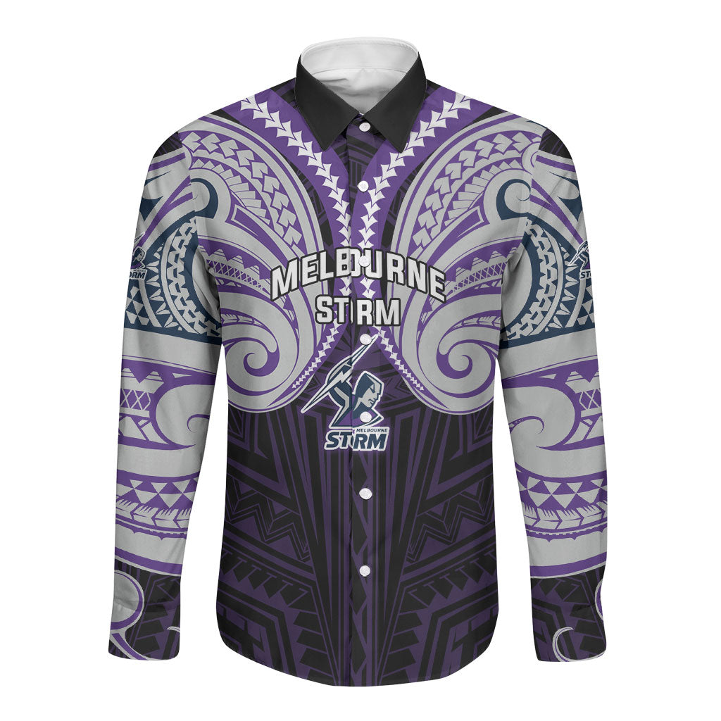 Custom Melbourne Storm Long Sleeve Button Shirt Lightning Warrior Polynesia Islander Rugby Mascot