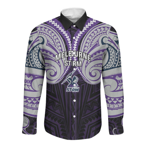 Custom Melbourne Storm Long Sleeve Button Shirt Lightning Warrior Polynesia Islander Rugby Mascot