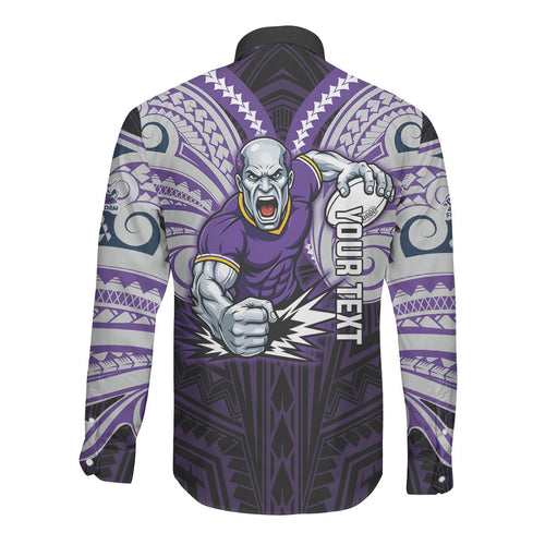 Custom Melbourne Storm Long Sleeve Button Shirt Lightning Warrior Polynesia Islander Rugby Mascot