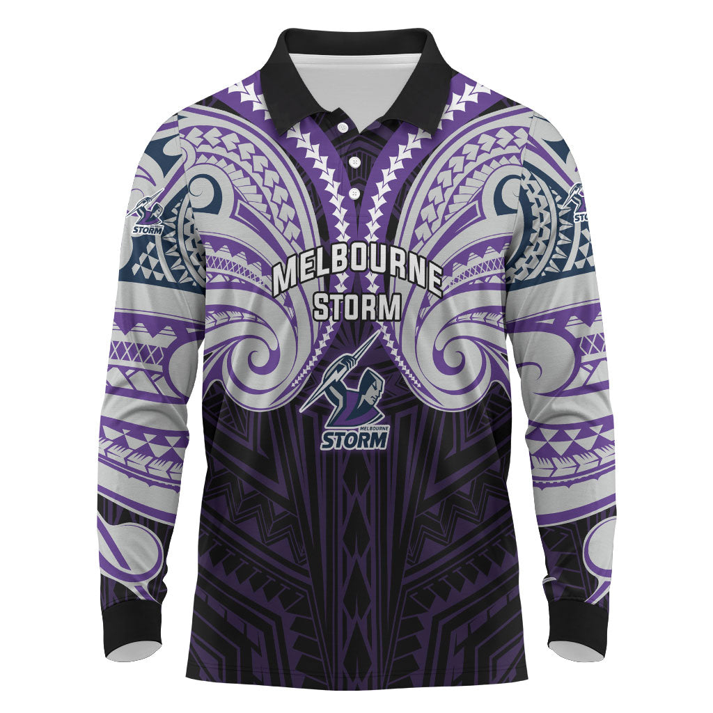 Custom Melbourne Storm Long Sleeve Polo Shirt Lightning Warrior Polynesia Islander Rugby Mascot