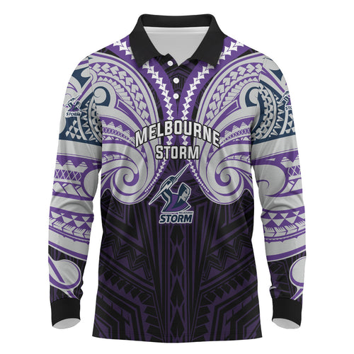 Custom Melbourne Storm Long Sleeve Polo Shirt Lightning Warrior Polynesia Islander Rugby Mascot