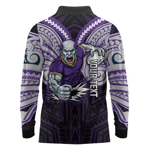 Custom Melbourne Storm Long Sleeve Polo Shirt Lightning Warrior Polynesia Islander Rugby Mascot