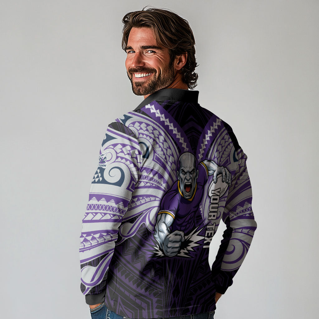 Custom Melbourne Storm Long Sleeve Polo Shirt Lightning Warrior Polynesia Islander Rugby Mascot