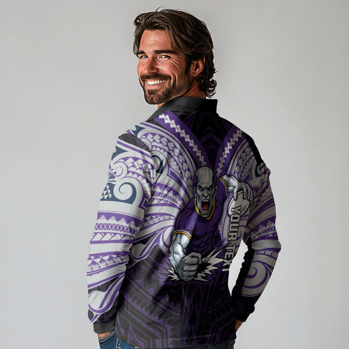 Custom Melbourne Storm Long Sleeve Polo Shirt Lightning Warrior Polynesia Islander Rugby Mascot