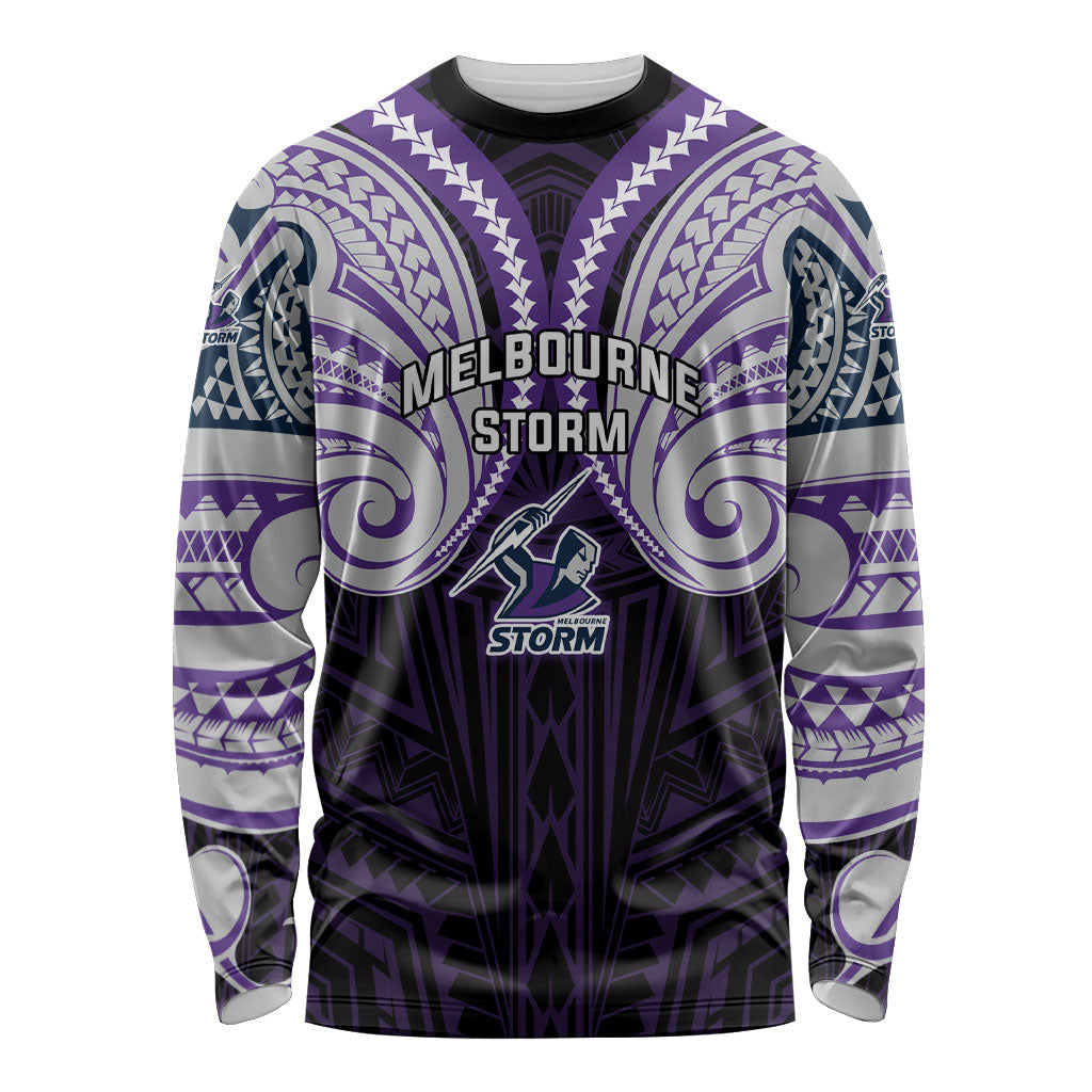 Custom Melbourne Storm Long Sleeve Shirt Lightning Warrior Polynesia Islander Rugby Mascot
