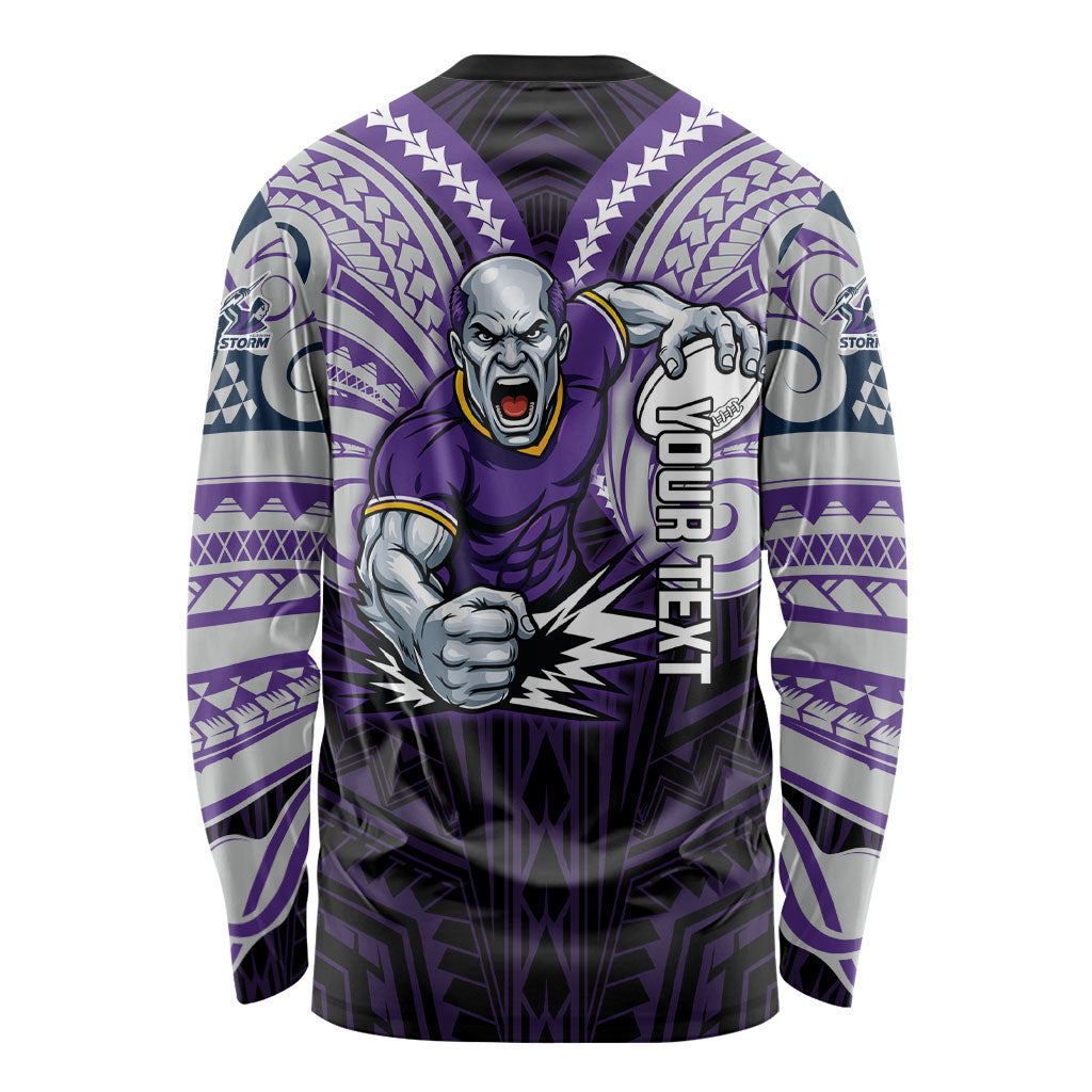 Custom Melbourne Storm Long Sleeve Shirt Lightning Warrior Polynesia Islander Rugby Mascot
