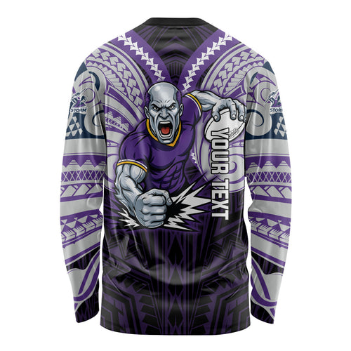 Custom Melbourne Storm Long Sleeve Shirt Lightning Warrior Polynesia Islander Rugby Mascot