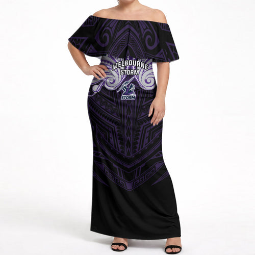 Custom Melbourne Storm Off Shoulder Maxi Dress Lightning Warrior Polynesia Islander Rugby Mascot