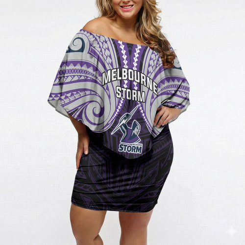 Custom Melbourne Storm Off Shoulder Short Dress Lightning Warrior Polynesia Islander Rugby Mascot