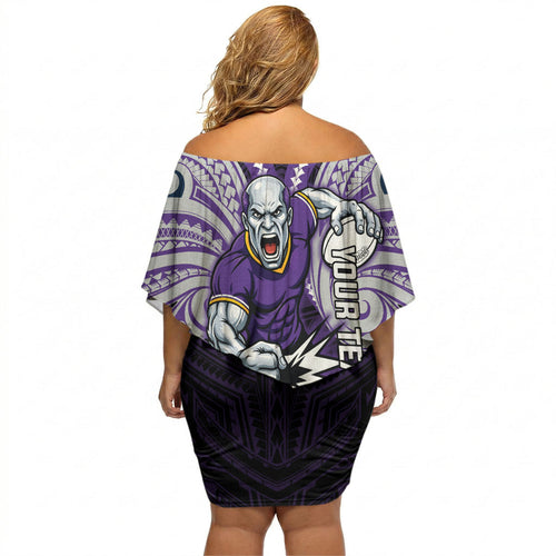 Custom Melbourne Storm Off Shoulder Short Dress Lightning Warrior Polynesia Islander Rugby Mascot
