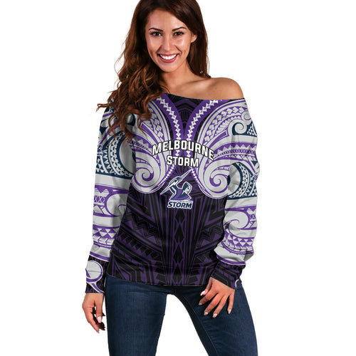 Custom Melbourne Storm Off Shoulder Sweater Lightning Warrior Polynesia Islander Rugby Mascot