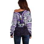 Custom Melbourne Storm Off Shoulder Sweater Lightning Warrior Polynesia Islander Rugby Mascot