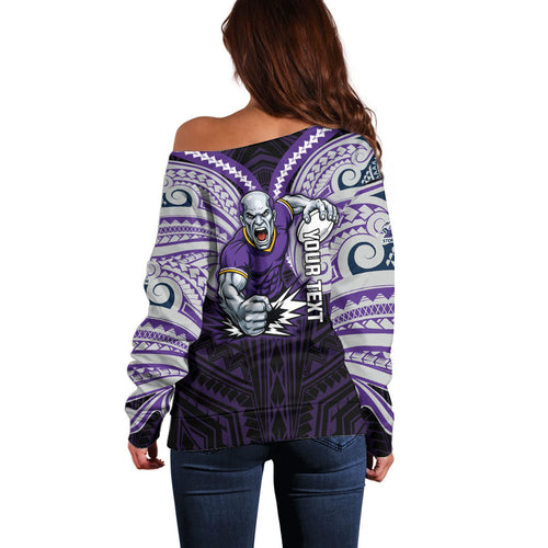 Custom Melbourne Storm Off Shoulder Sweater Lightning Warrior Polynesia Islander Rugby Mascot
