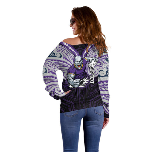 Custom Melbourne Storm Off Shoulder Sweater Lightning Warrior Polynesia Islander Rugby Mascot