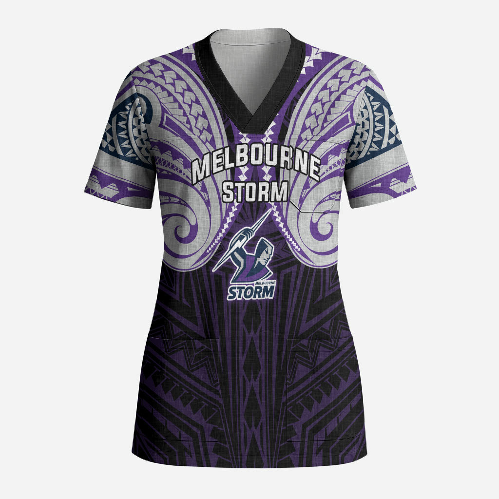 Custom Melbourne Storm Scrub Top Lightning Warrior Polynesia Islander Rugby Mascot