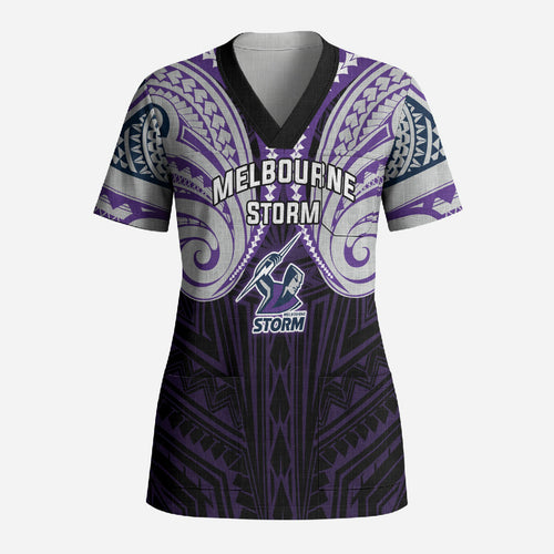 Custom Melbourne Storm Scrub Top Lightning Warrior Polynesia Islander Rugby Mascot
