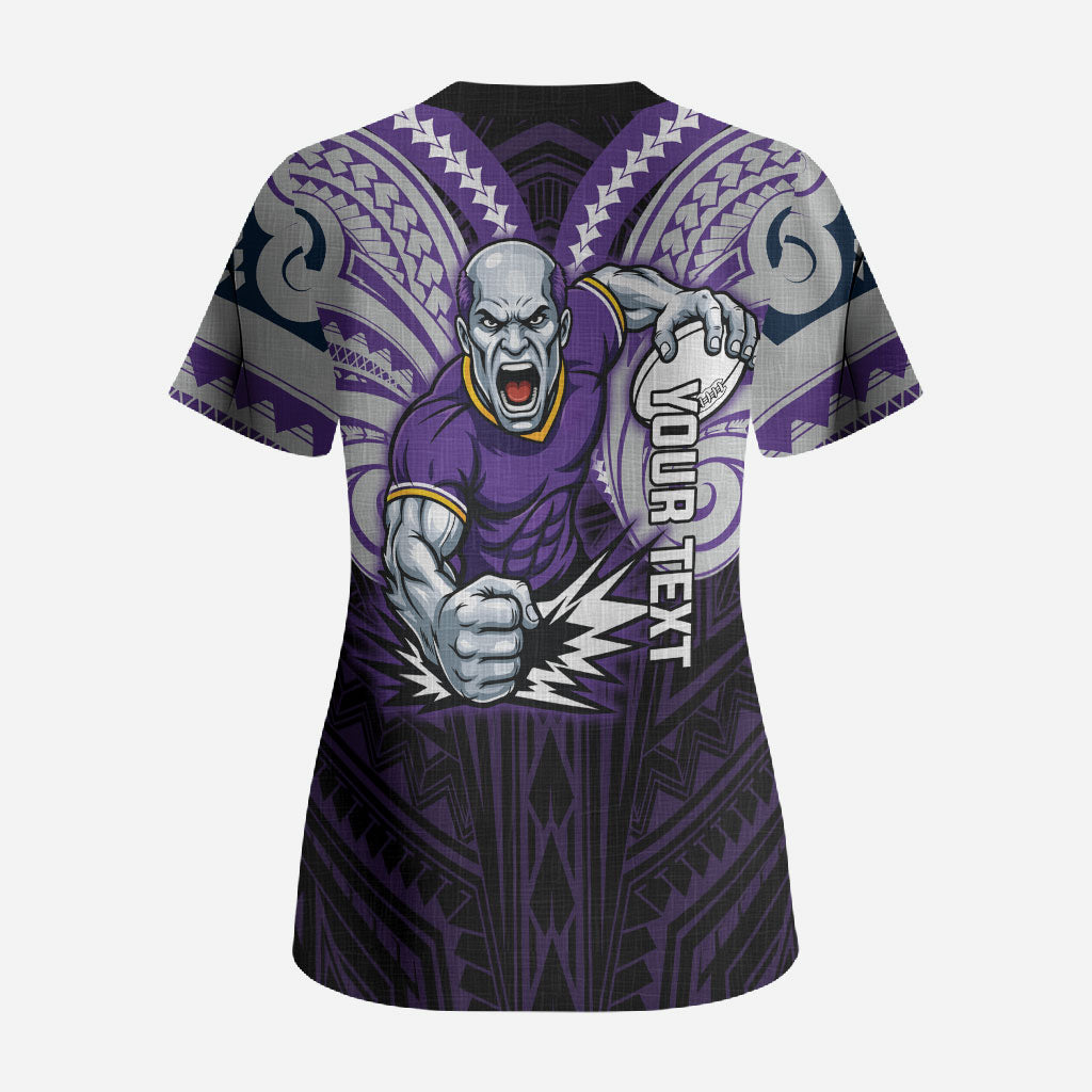 Custom Melbourne Storm Scrub Top Lightning Warrior Polynesia Islander Rugby Mascot