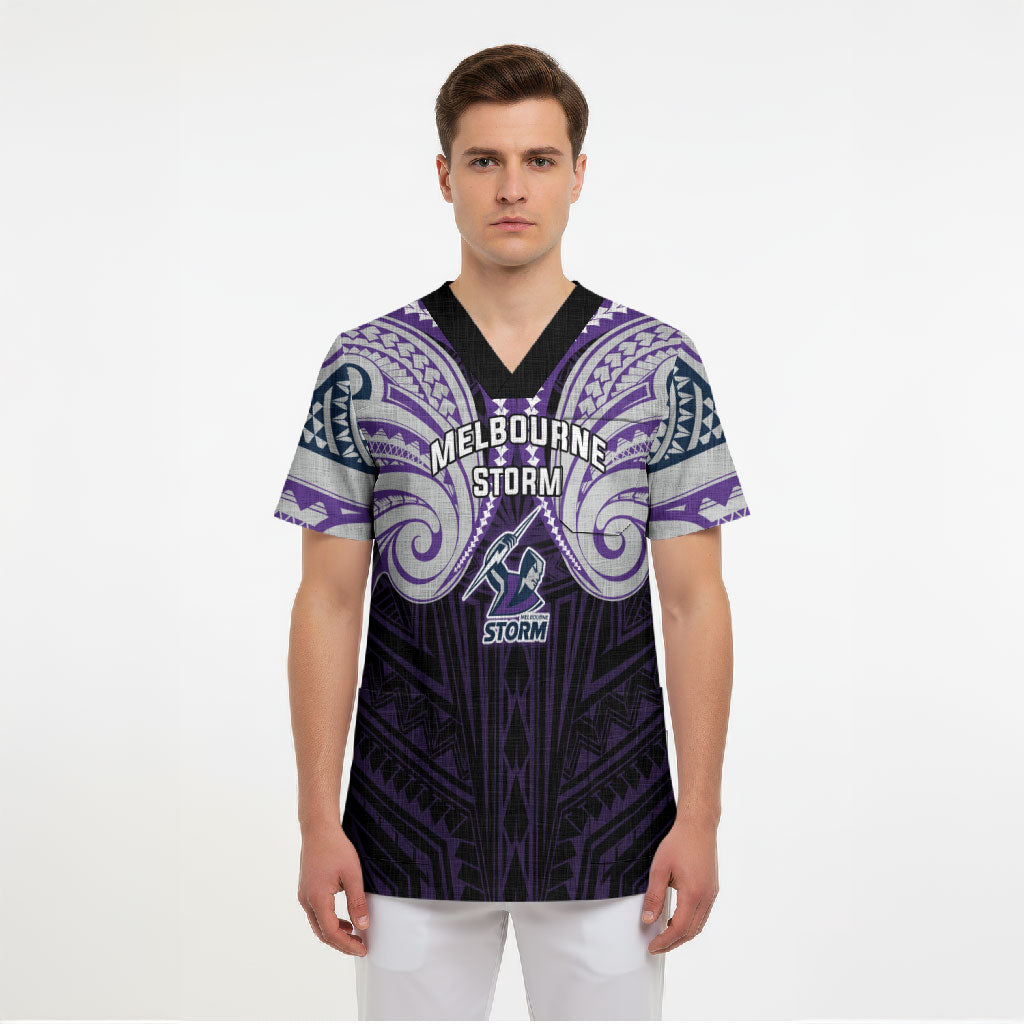 Custom Melbourne Storm Scrub Top Lightning Warrior Polynesia Islander Rugby Mascot