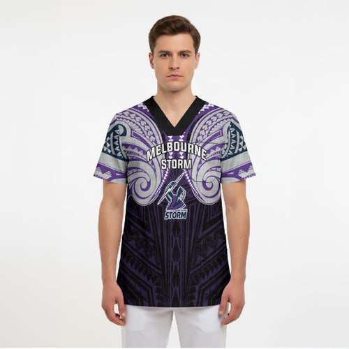 Custom Melbourne Storm Scrub Top Lightning Warrior Polynesia Islander Rugby Mascot