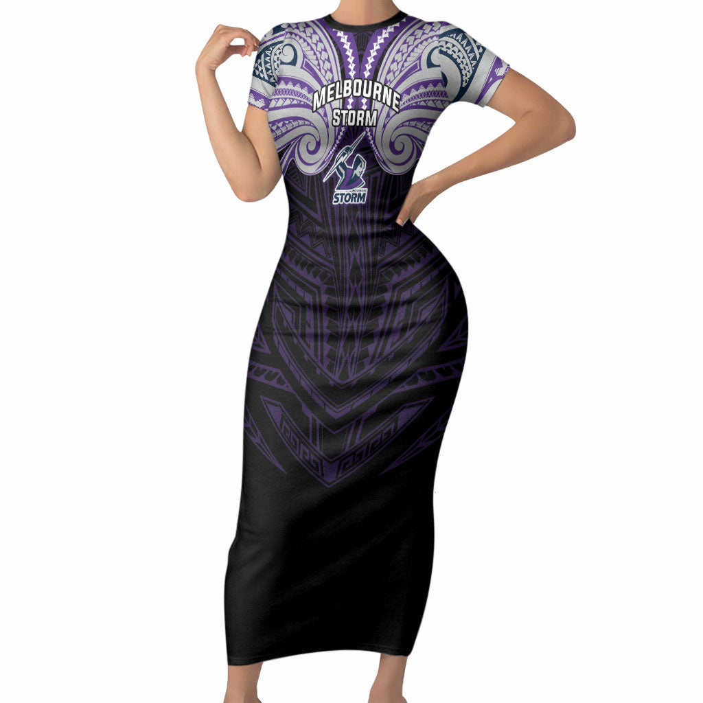 Custom Melbourne Storm Short Sleeve Bodycon Dress Lightning Warrior Polynesia Islander Rugby Mascot