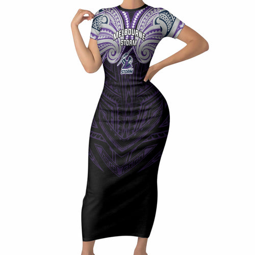 Custom Melbourne Storm Short Sleeve Bodycon Dress Lightning Warrior Polynesia Islander Rugby Mascot