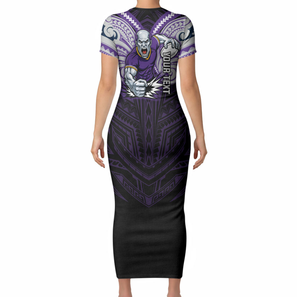 Custom Melbourne Storm Short Sleeve Bodycon Dress Lightning Warrior Polynesia Islander Rugby Mascot