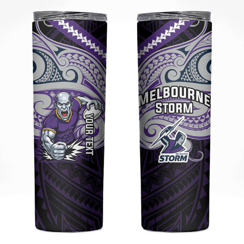 Custom Melbourne Storm Skinny Tumbler Lightning Warrior Polynesia Islander Rugby Mascot