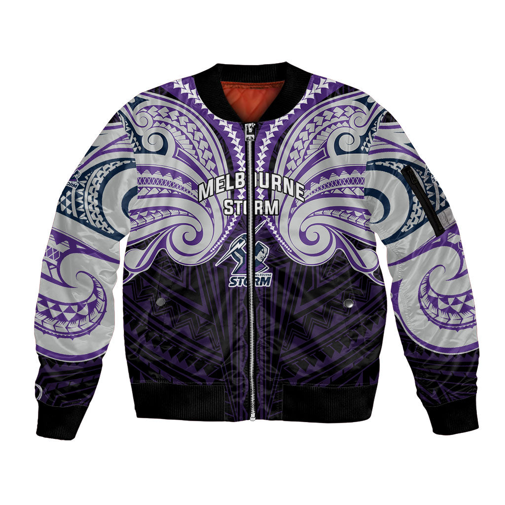Custom Melbourne Storm Sleeve Zip Bomber Jacket Lightning Warrior Polynesia Islander Rugby Mascot