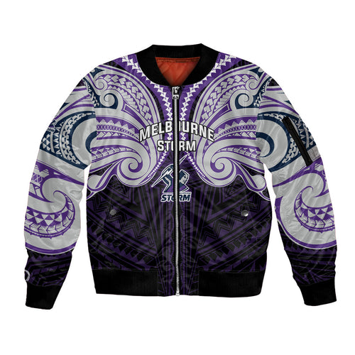 Custom Melbourne Storm Sleeve Zip Bomber Jacket Lightning Warrior Polynesia Islander Rugby Mascot