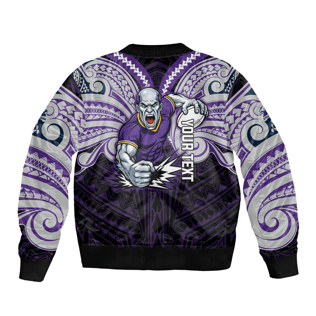 Custom Melbourne Storm Sleeve Zip Bomber Jacket Lightning Warrior Polynesia Islander Rugby Mascot