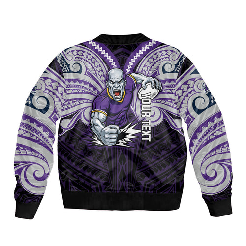 Custom Melbourne Storm Sleeve Zip Bomber Jacket Lightning Warrior Polynesia Islander Rugby Mascot