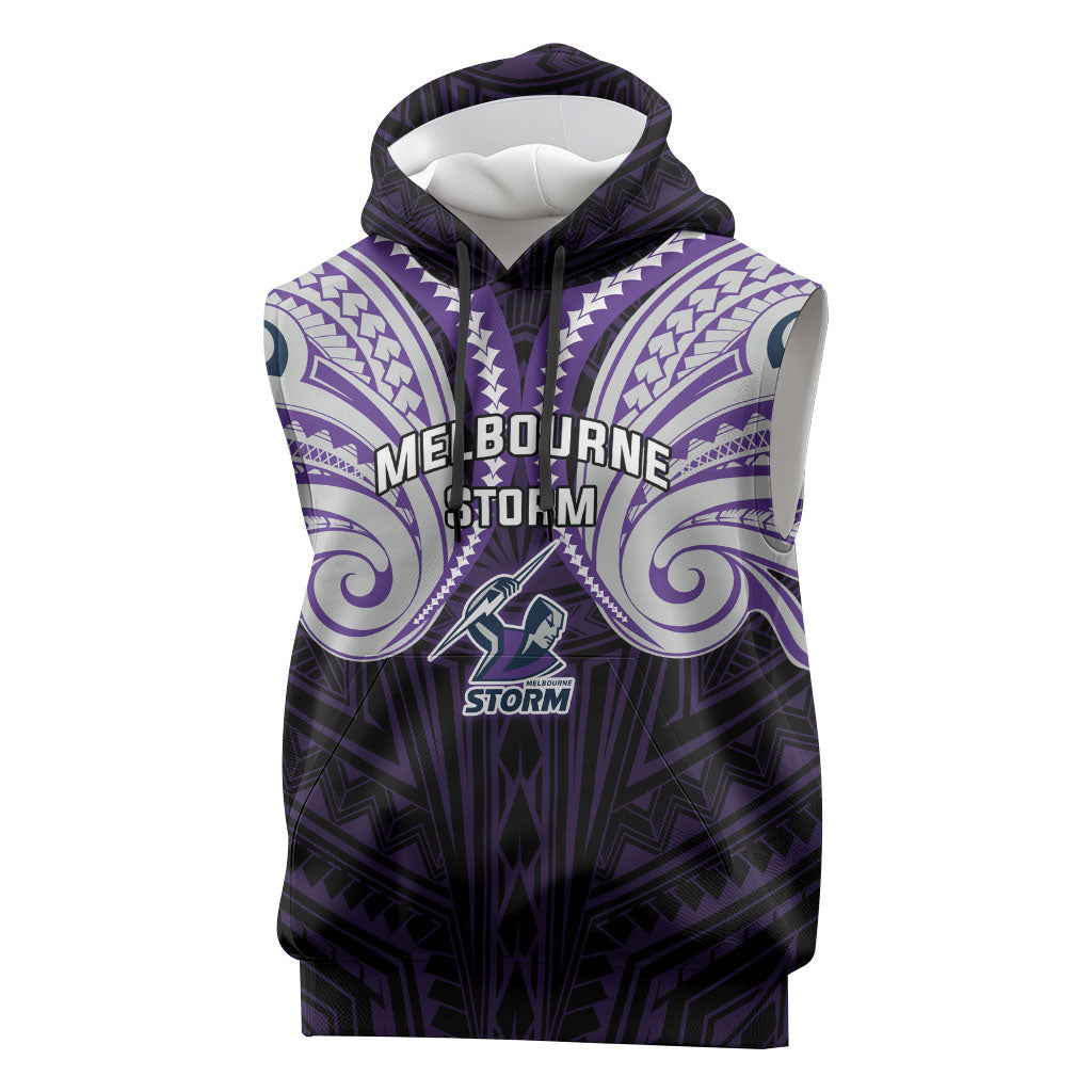 Custom Melbourne Storm Sleeveless Hoodie Lightning Warrior Polynesia Islander Rugby Mascot