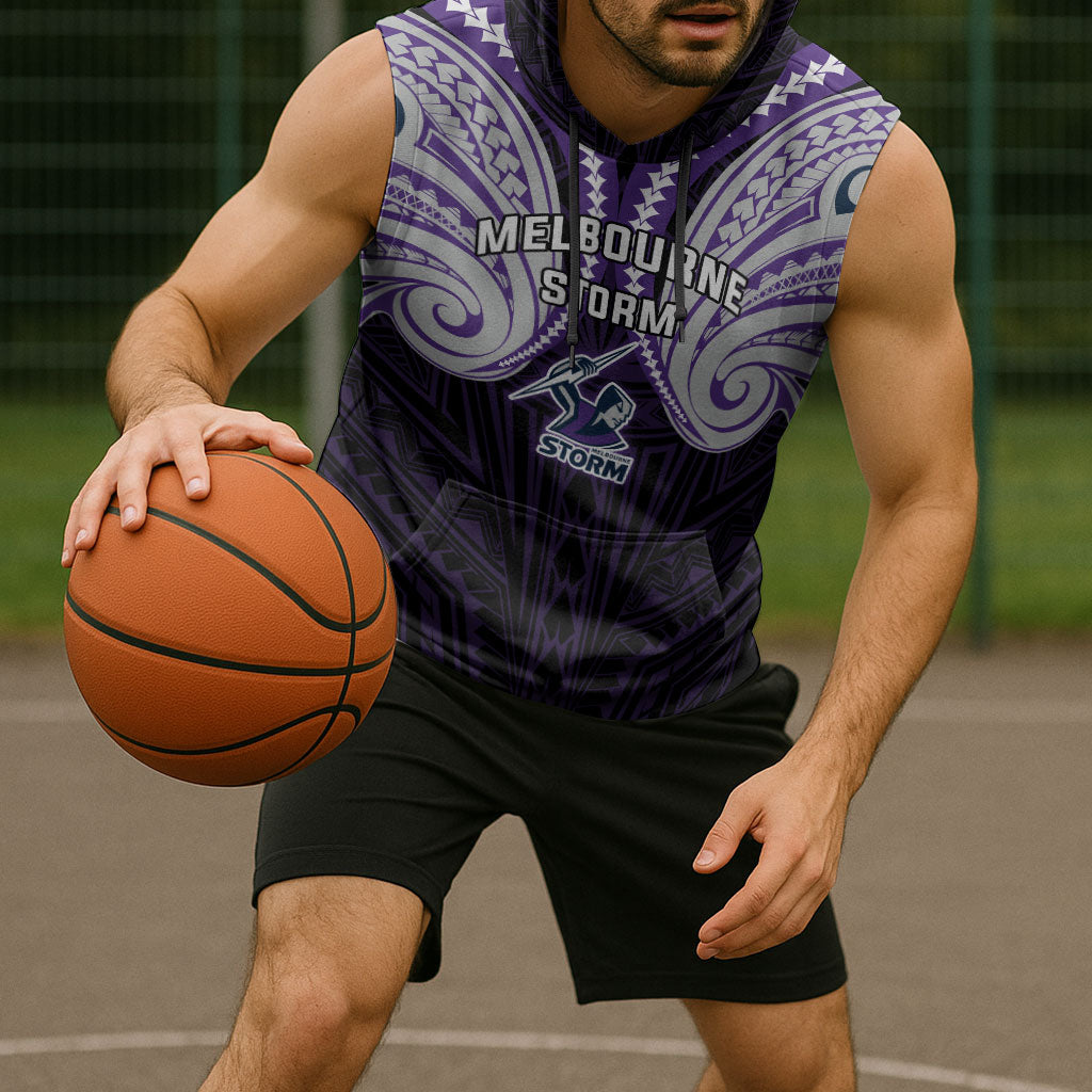 Custom Melbourne Storm Sleeveless Hoodie Lightning Warrior Polynesia Islander Rugby Mascot