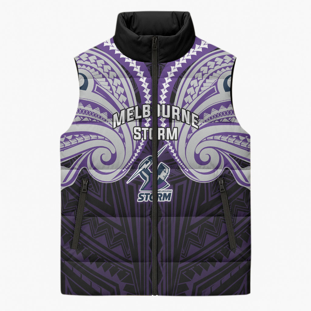 Custom Melbourne Storm Sleeveless Puffer Jacket Lightning Warrior Polynesia Islander Rugby Mascot