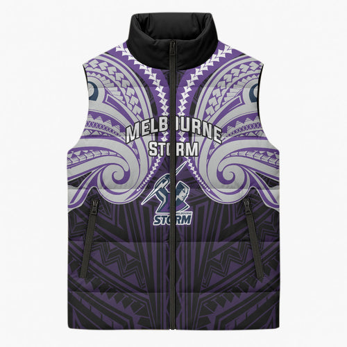 Custom Melbourne Storm Sleeveless Puffer Jacket Lightning Warrior Polynesia Islander Rugby Mascot