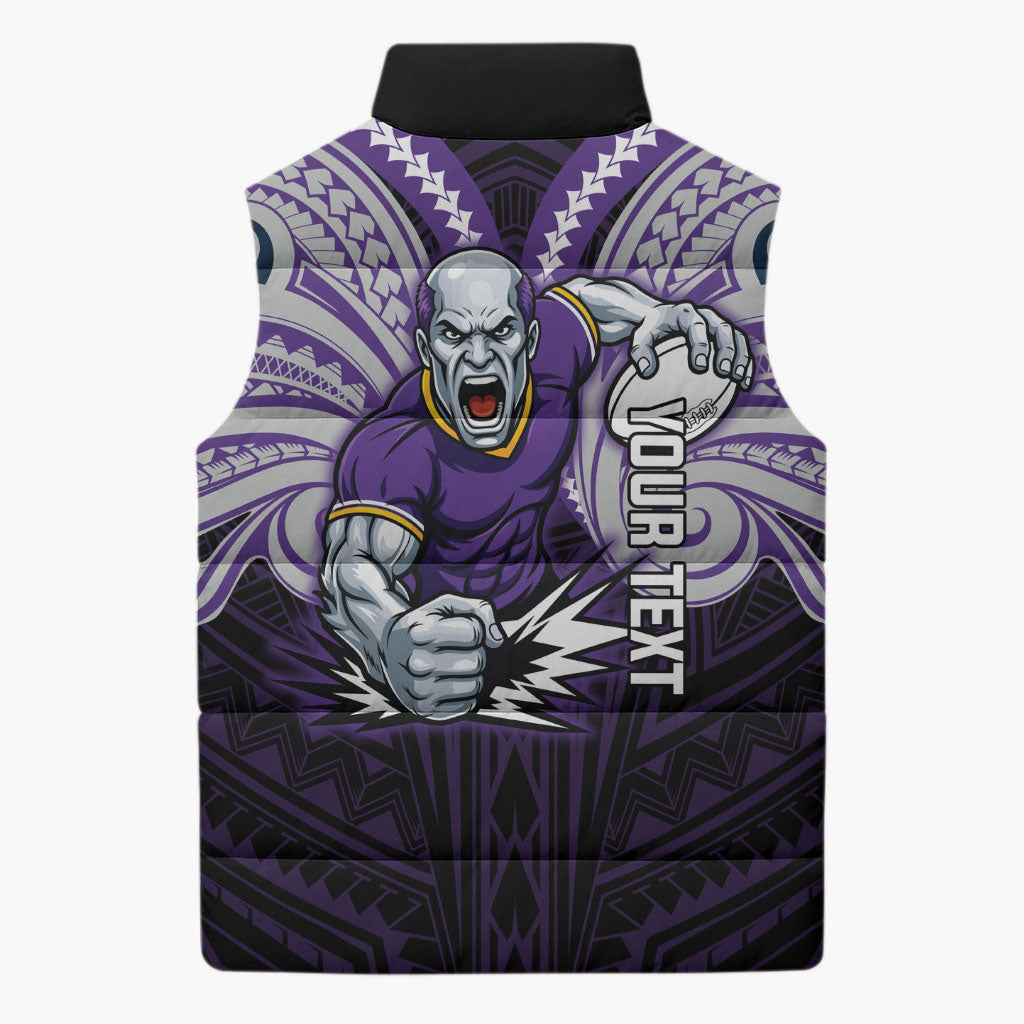 Custom Melbourne Storm Sleeveless Puffer Jacket Lightning Warrior Polynesia Islander Rugby Mascot