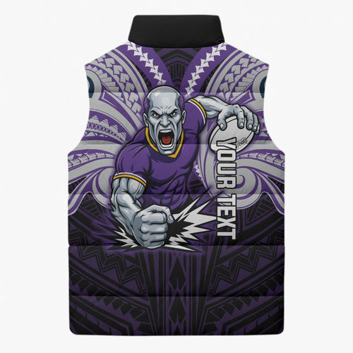 Custom Melbourne Storm Sleeveless Puffer Jacket Lightning Warrior Polynesia Islander Rugby Mascot